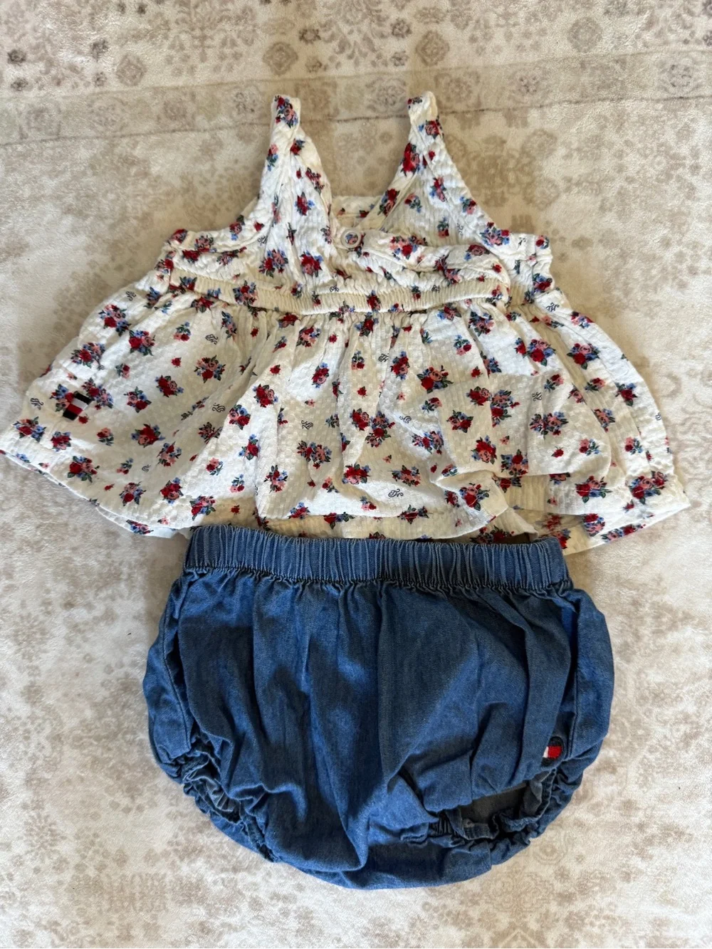 Tommy Hilfiger Baby Girls Floral Top and Denim Bloomers Set White Blue Red